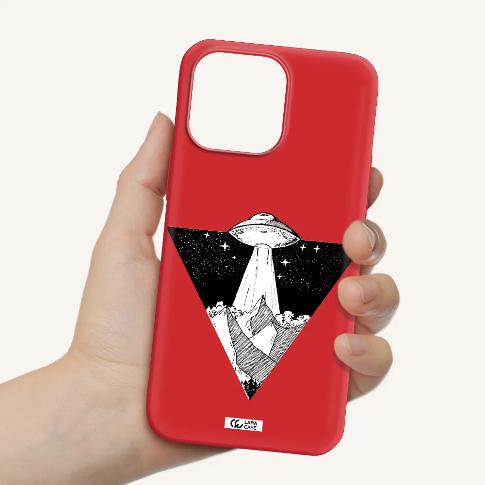 a triangle with a ufo in the sky Apple iPhone 14 pro max Silicone Imperial Red Case