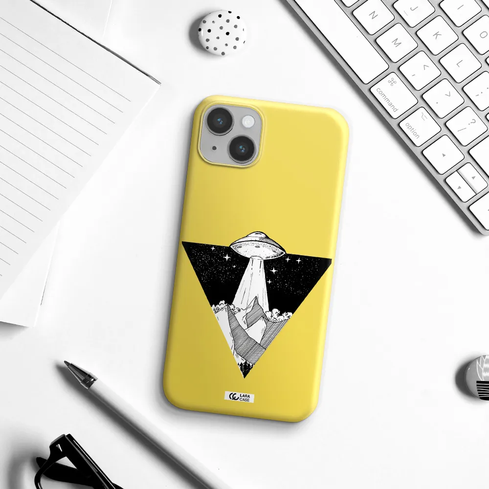 a triangle with a ufo in the sky Apple iPhone 14 Silicone canary yellow Case