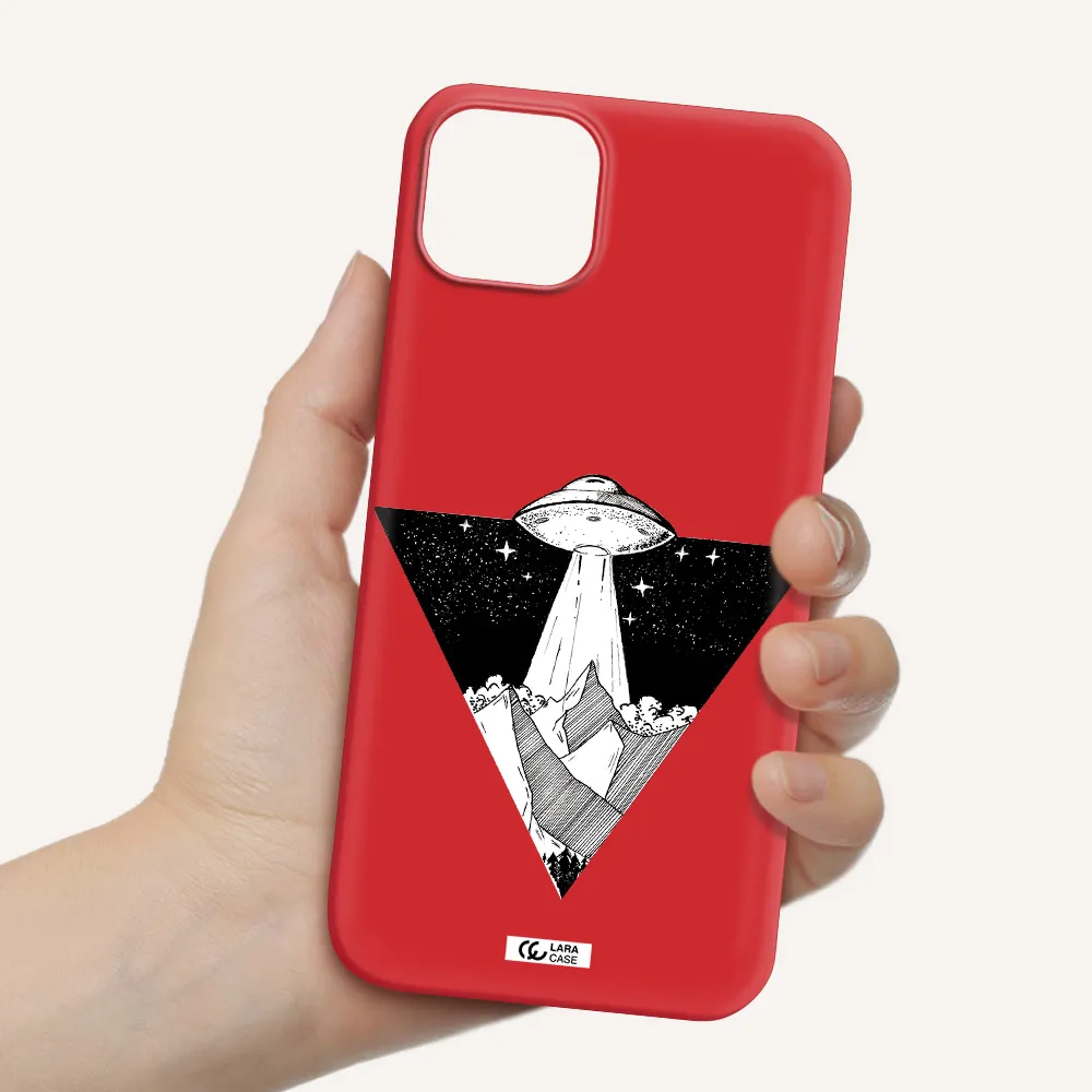 a triangle with a ufo in the sky Apple iPhone 14 Silicone Imperial Red Case