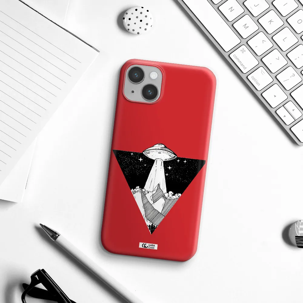 a triangle with a ufo in the sky Apple iPhone 14 Silicone Imperial Red Case