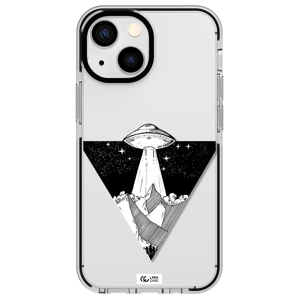 a triangle with a ufo in the sky Apple iPhone 15 impact black border Case