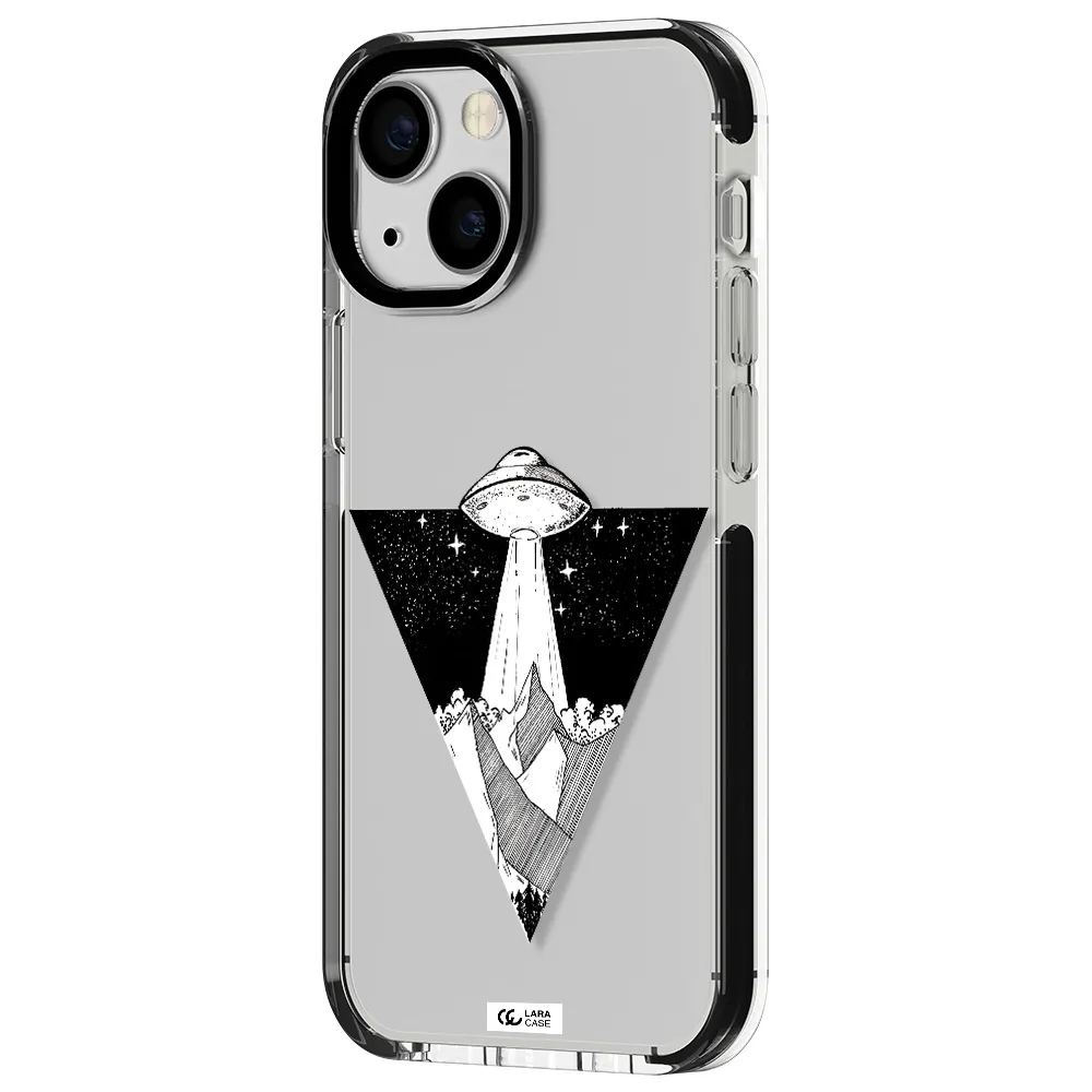 a triangle with a ufo in the sky Apple iPhone 15 impact black border Case