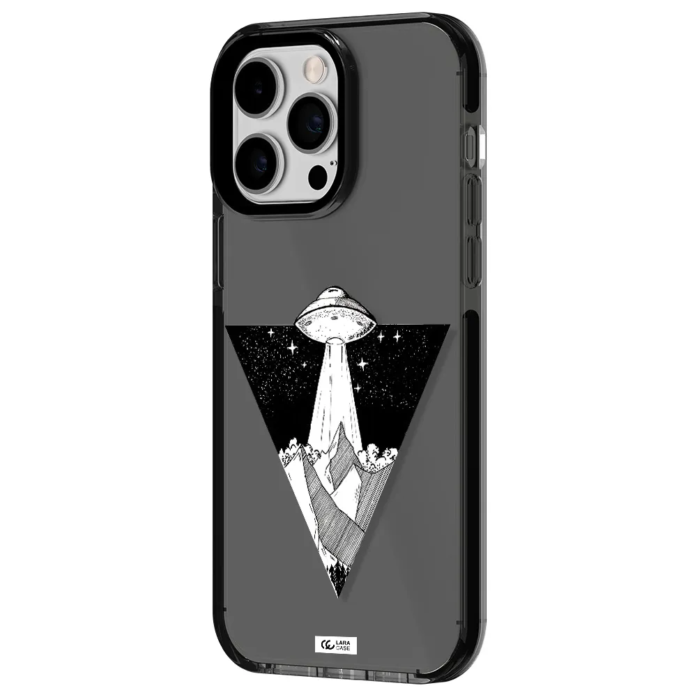 a triangle with a ufo in the sky Apple iPhone 15 Pro impact Smoke Black Case