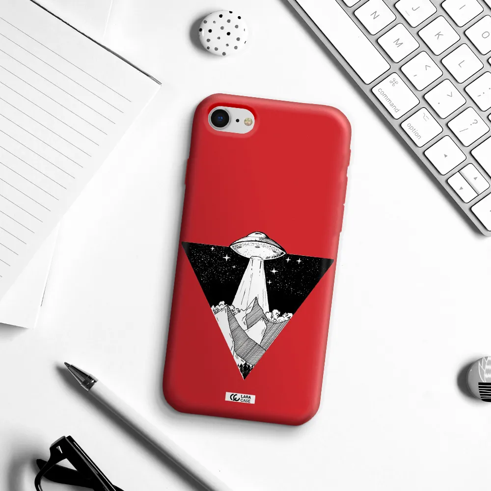 a triangle with a ufo in the sky Apple iPhone se 2020 Silicone Imperial Red Case