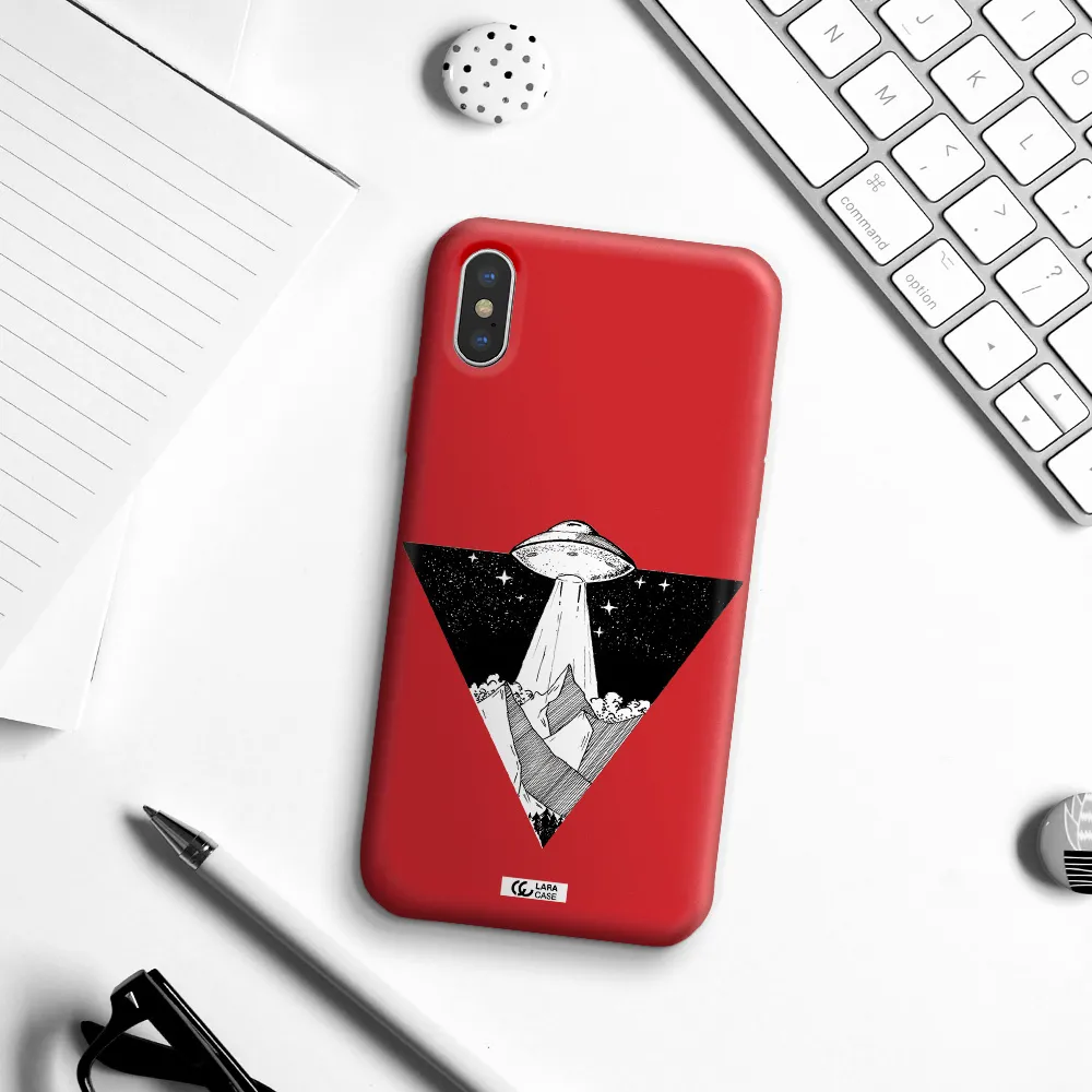 a triangle with a ufo in the sky Apple iPhone X Silicone Imperial Red Case