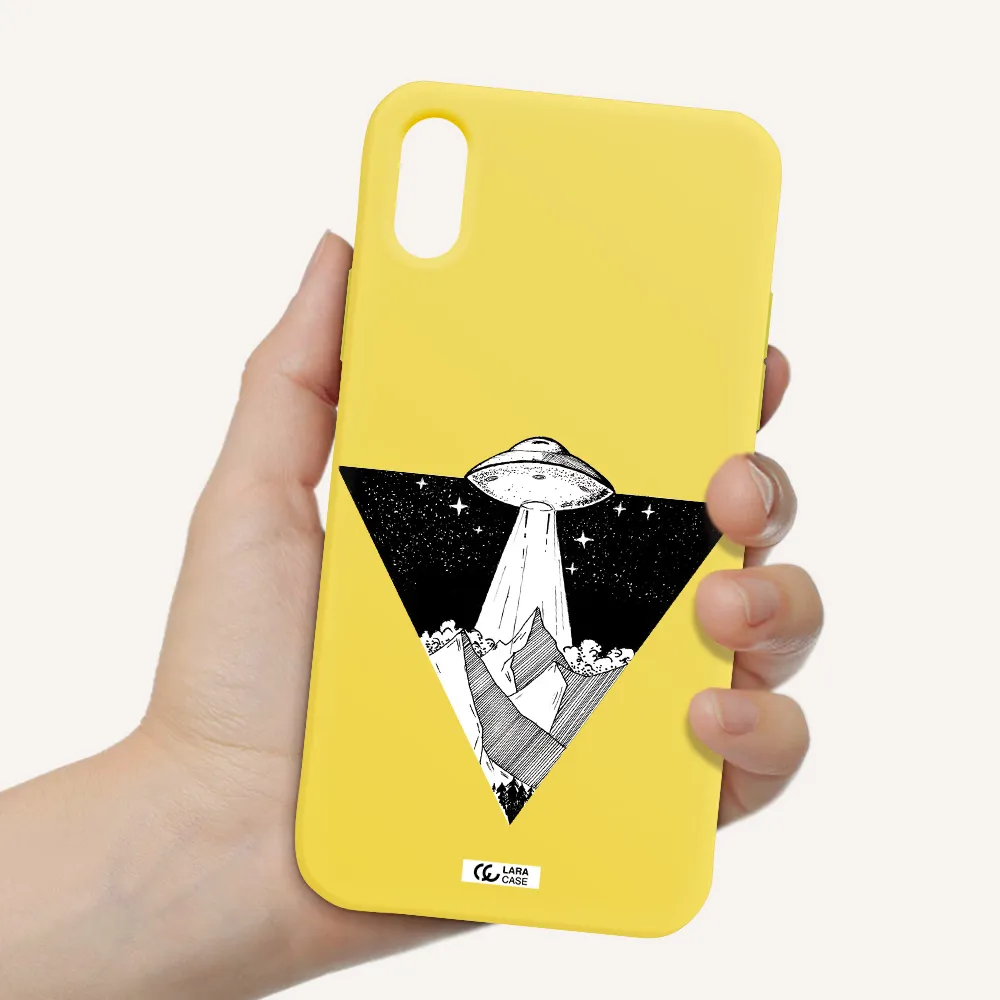 a triangle with a ufo in the sky Apple iPhone XS Silicone canary yellow Case