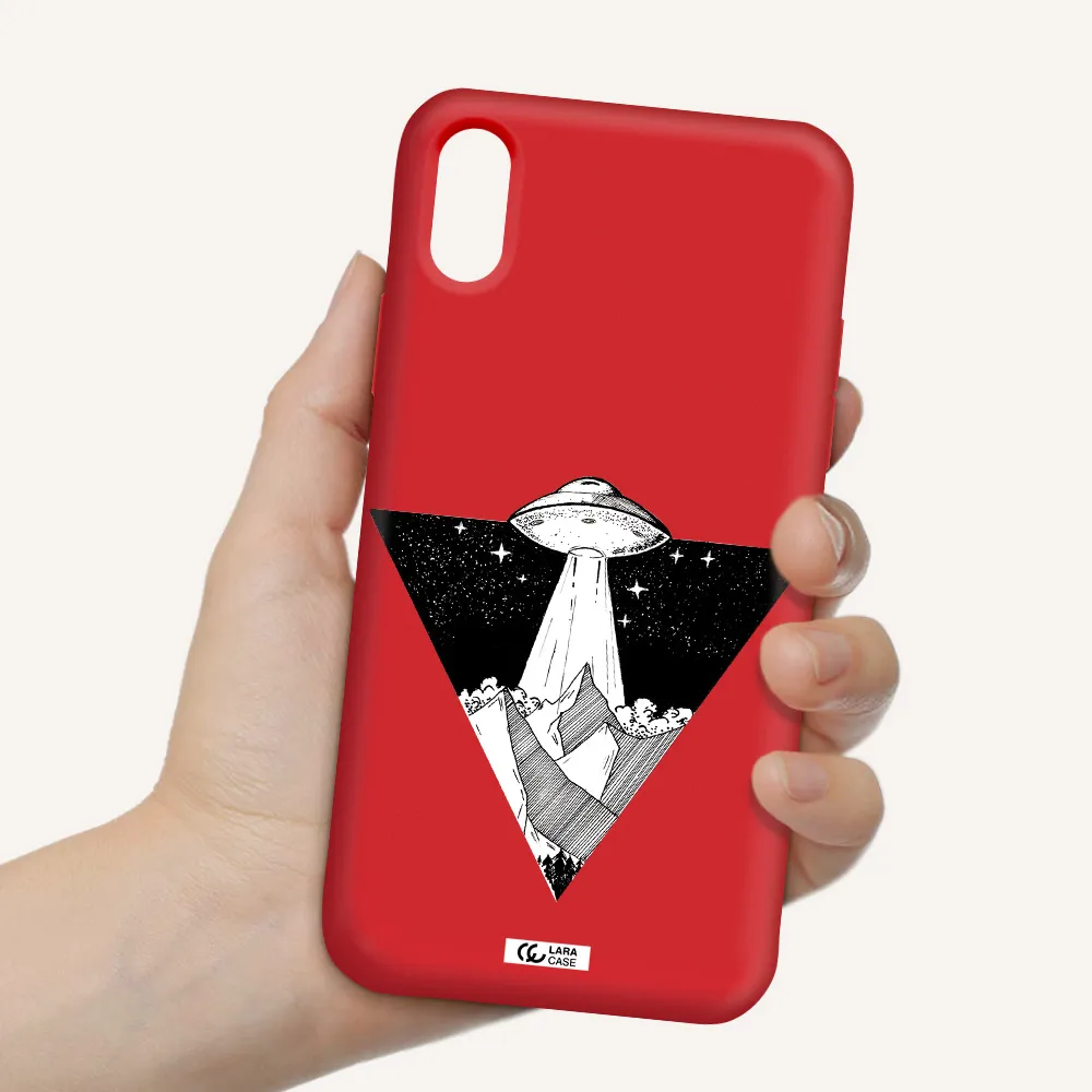a triangle with a ufo in the sky Apple iPhone XS Silicone Imperial Red Case