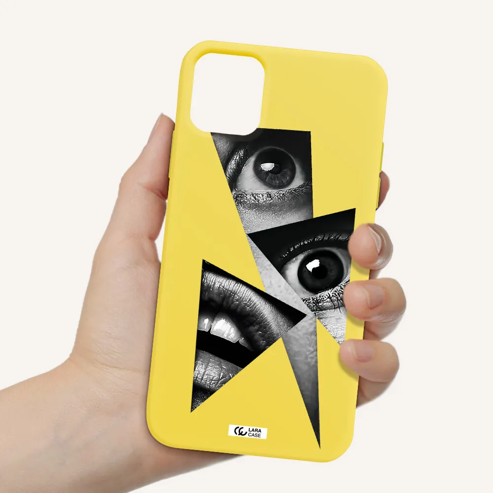 a close-up of a woman's eyes and lips Apple iPhone 11 Silicone canary yellow Case