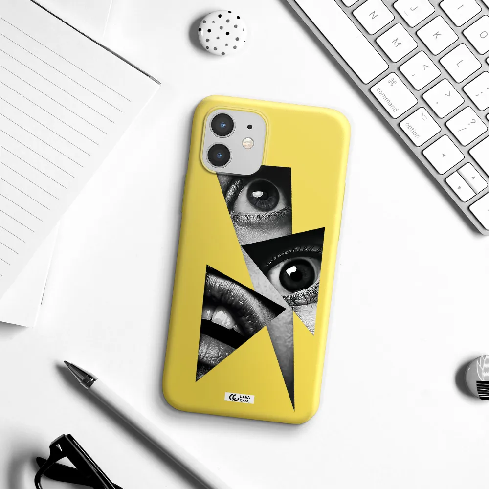 a close-up of a woman's eyes and lips Apple iPhone 12 Silicone canary yellow Case