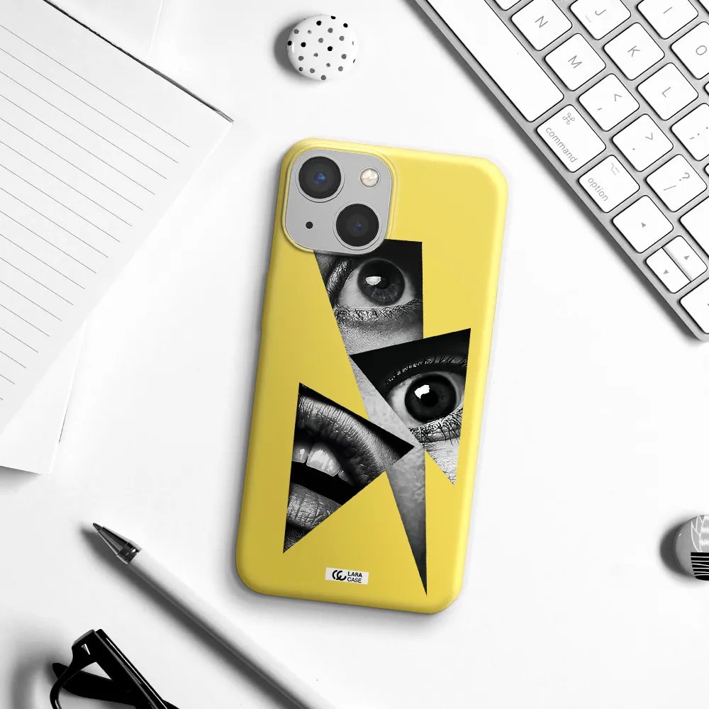 a close-up of a woman's eyes and lips Apple iPhone 13 mini Silicone canary yellow Case