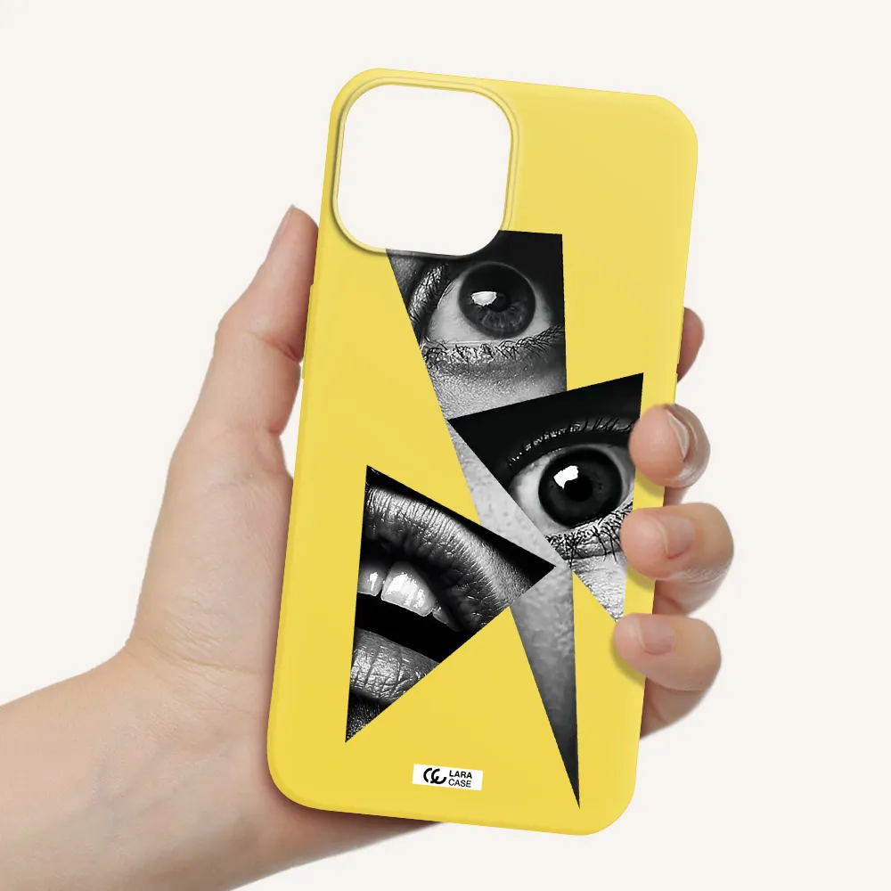a close-up of a woman's eyes and lips Apple iPhone 13 Silicone canary yellow Case