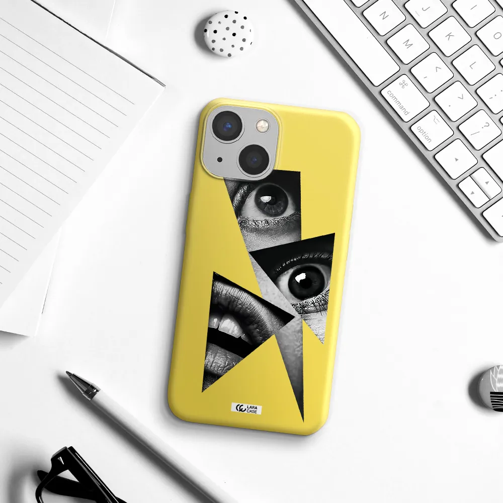 a close-up of a woman's eyes and lips Apple iPhone 13 Silicone canary yellow Case
