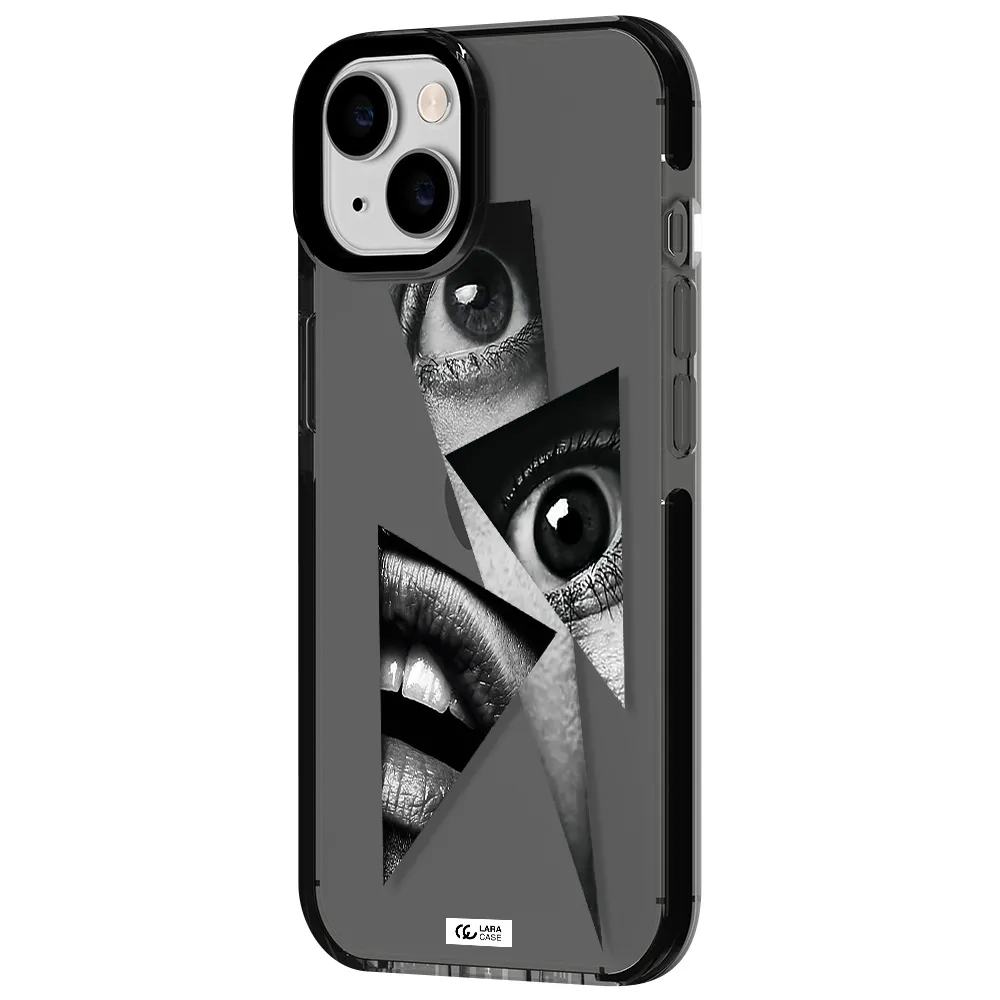 a close-up of a woman's eyes and lips Apple iPhone 14 impact Smoke Black Case