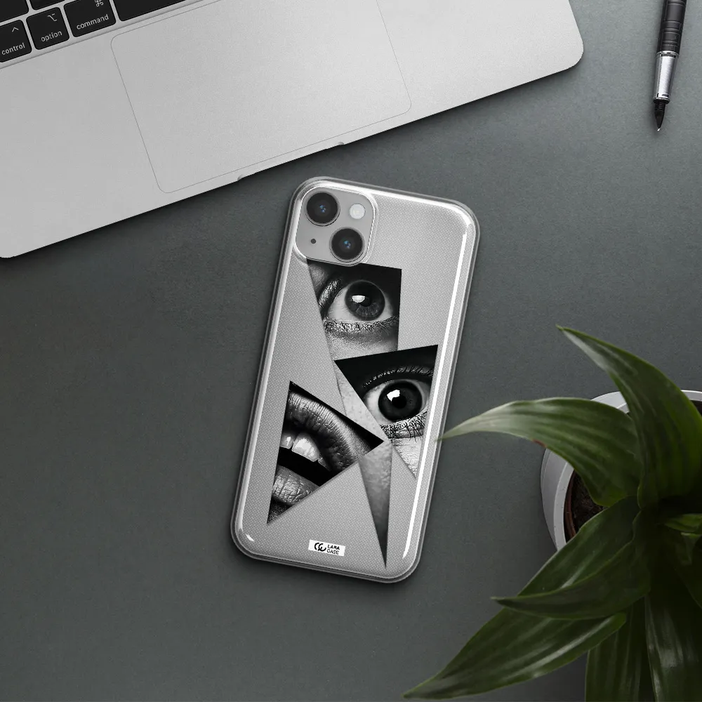 a close-up of a woman's eyes and lips Apple iPhone 14 plus Clear TPU Case