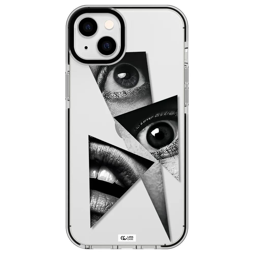 a close-up of a woman's eyes and lips Apple iPhone 14 plus impact black border Case