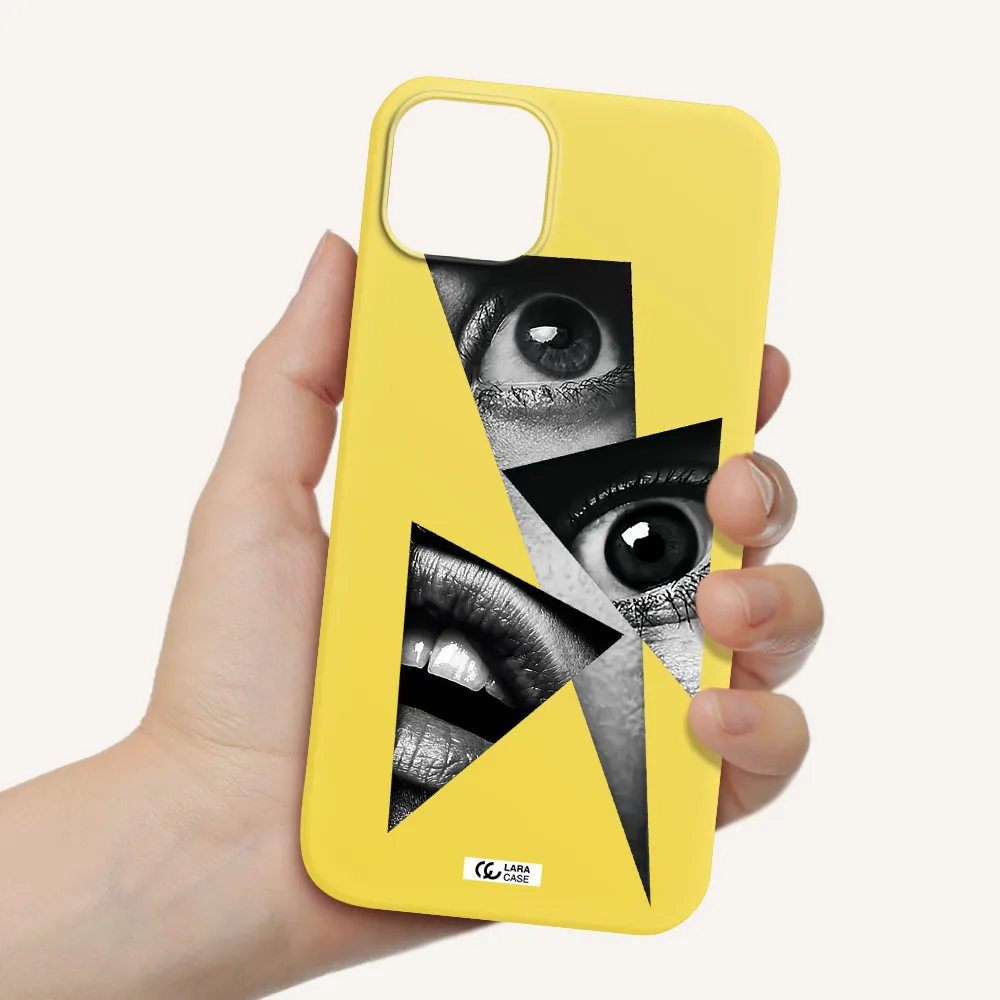 a close-up of a woman's eyes and lips Apple iPhone 14 plus Silicone canary yellow Case