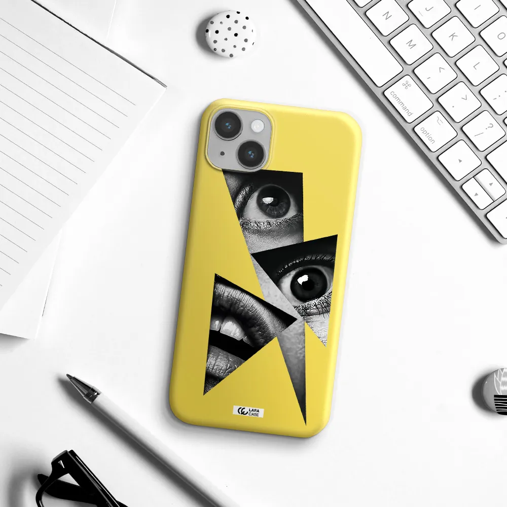 a close-up of a woman's eyes and lips Apple iPhone 14 plus Silicone canary yellow Case