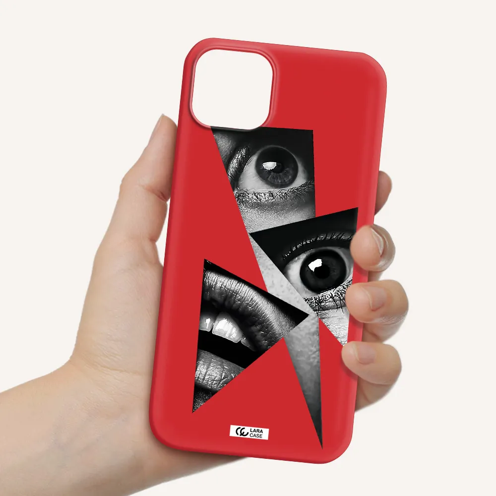 a close-up of a woman's eyes and lips Apple iPhone 14 plus Silicone Imperial Red Case