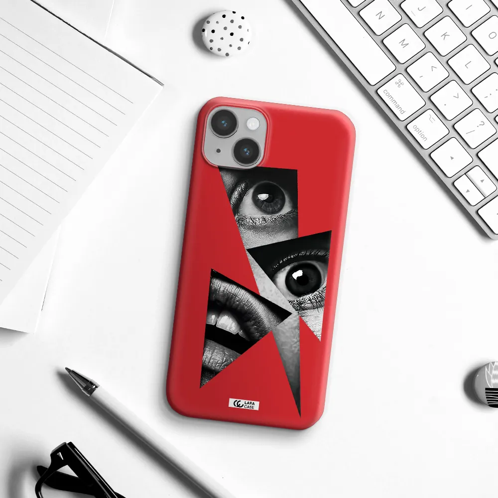 a close-up of a woman's eyes and lips Apple iPhone 14 plus Silicone Imperial Red Case