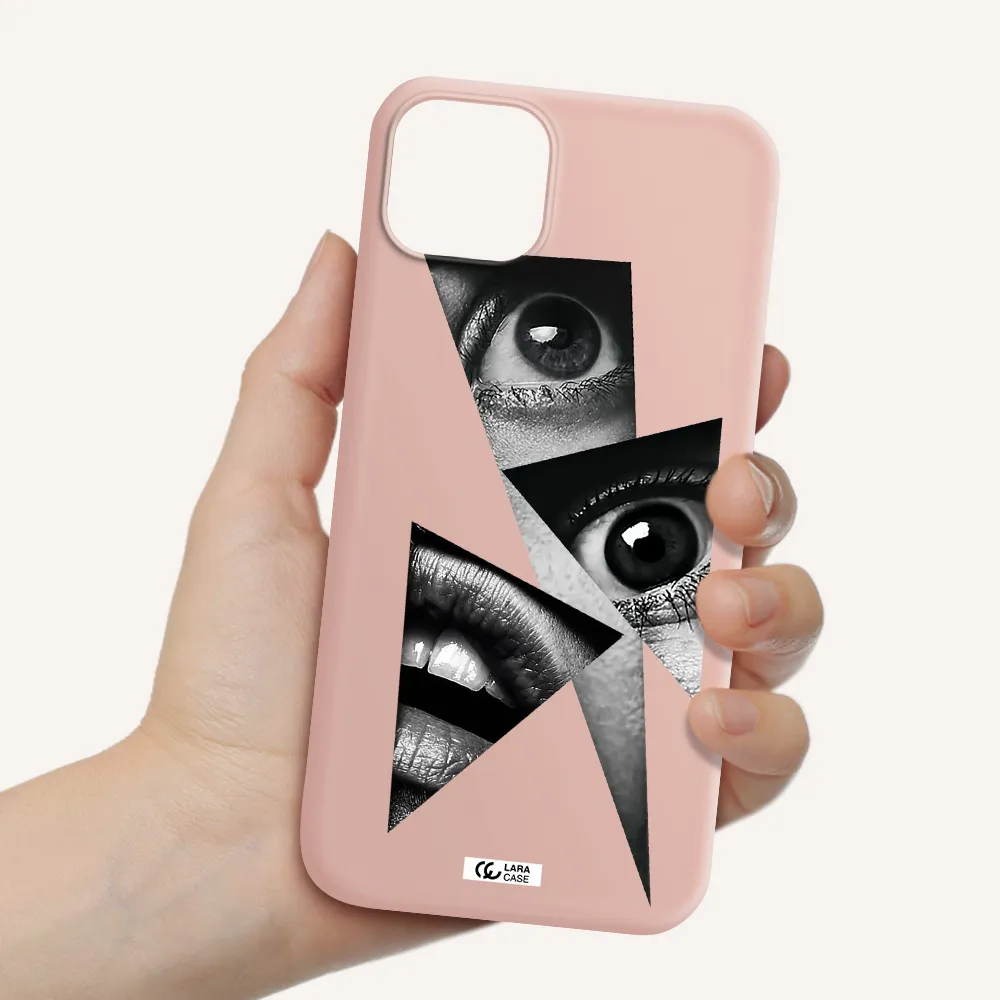 a close-up of a woman's eyes and lips Apple iPhone 14 plus Silicone pastel pink Case