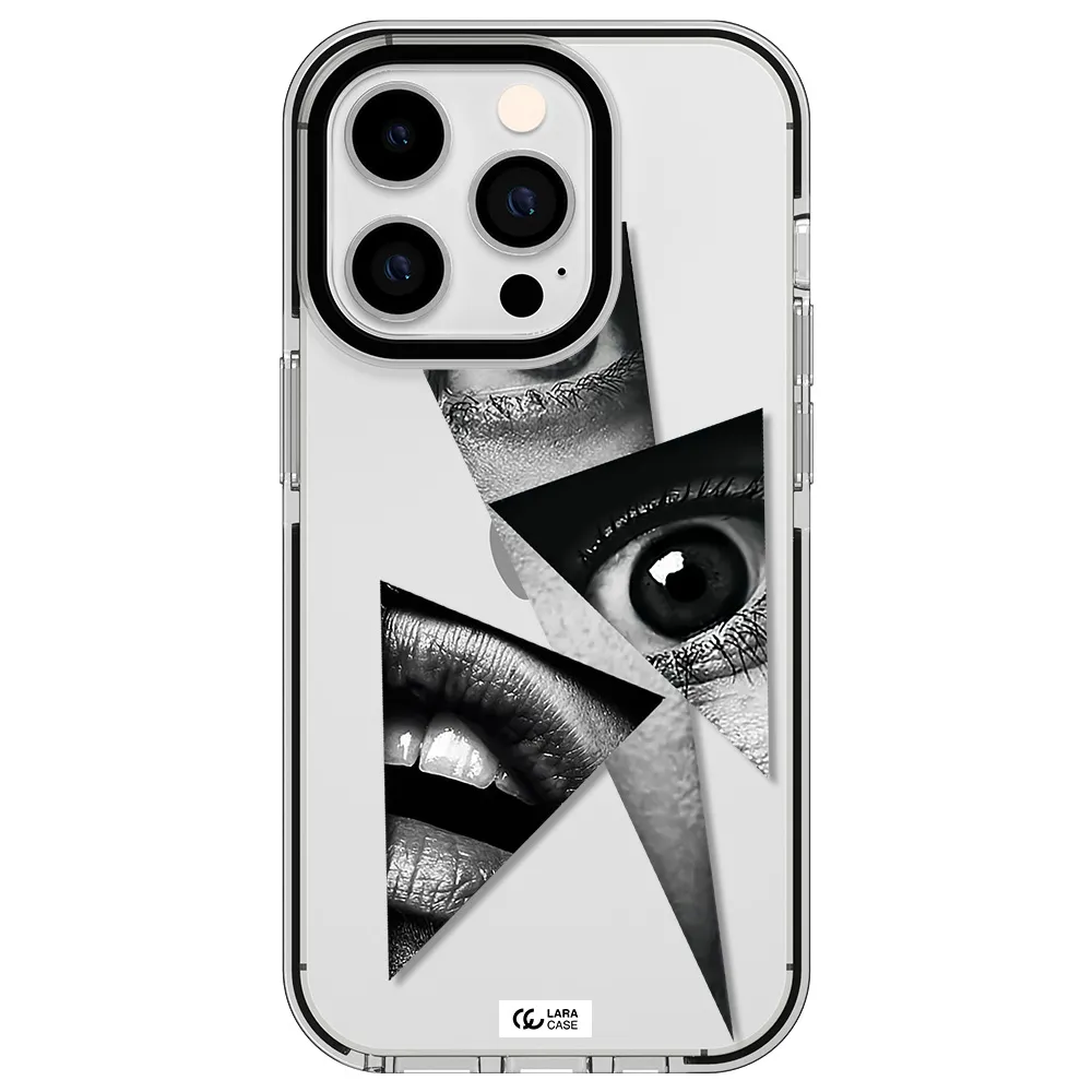 a close-up of a woman's eyes and lips Apple iPhone 14 pro impact black border Case