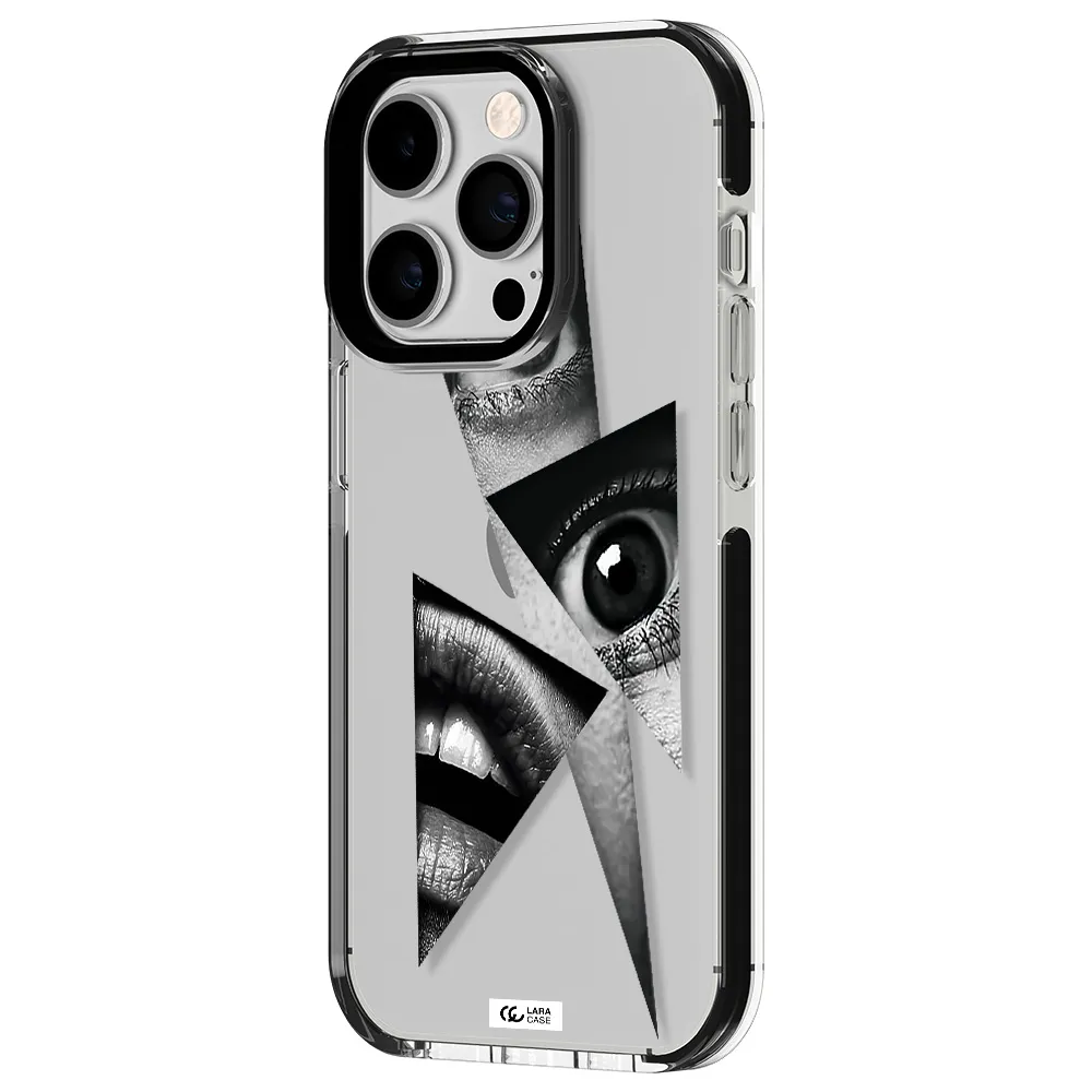 a close-up of a woman's eyes and lips Apple iPhone 14 pro impact black border Case