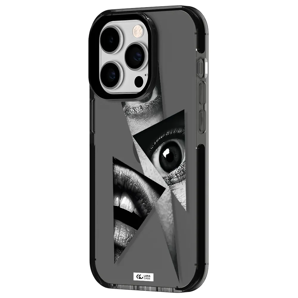 a close-up of a woman's eyes and lips Apple iPhone 14 pro impact Smoke Black Case