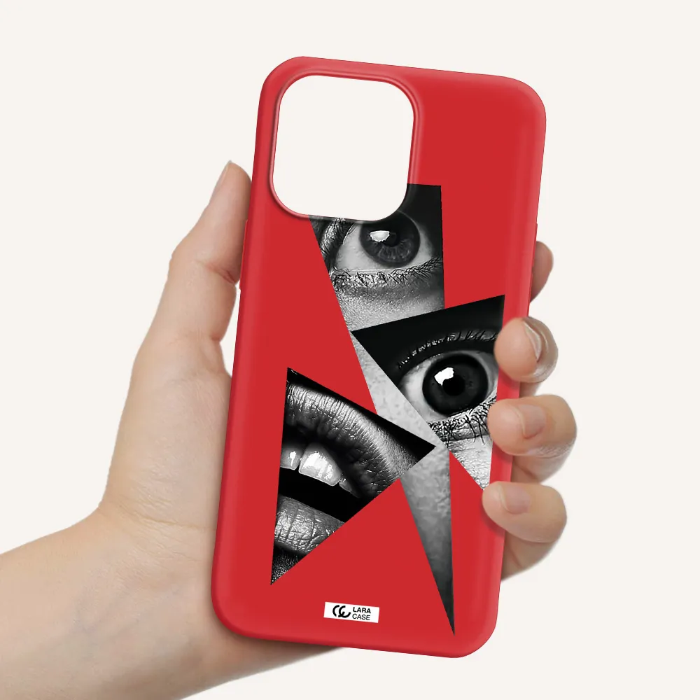 a close-up of a woman's eyes and lips Apple iPhone 14 pro max Silicone Imperial Red Case