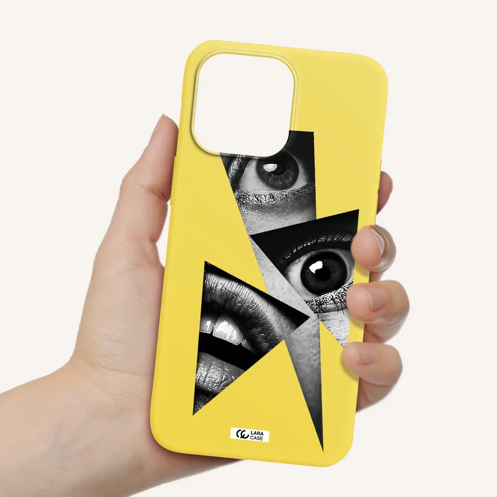 a close-up of a woman's eyes and lips Apple iPhone 14 pro Silicone canary yellow Case