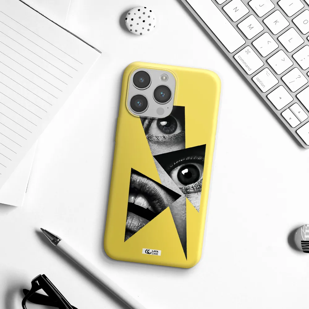 a close-up of a woman's eyes and lips Apple iPhone 14 pro Silicone canary yellow Case