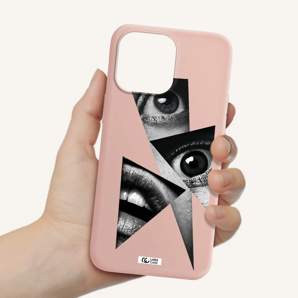 a close-up of a woman's eyes and lips Apple iPhone 14 pro Silicone pastel pink Case