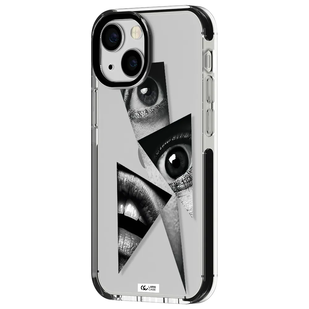 a close-up of a woman's eyes and lips Apple iPhone 15 impact black border Case