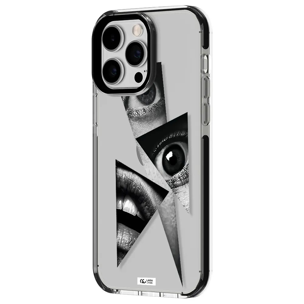 a close-up of a woman's eyes and lips Apple iPhone 15 Pro impact black border Case