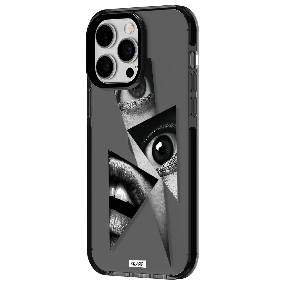a close-up of a woman's eyes and lips Apple iPhone 15 Pro impact Smoke Black Case