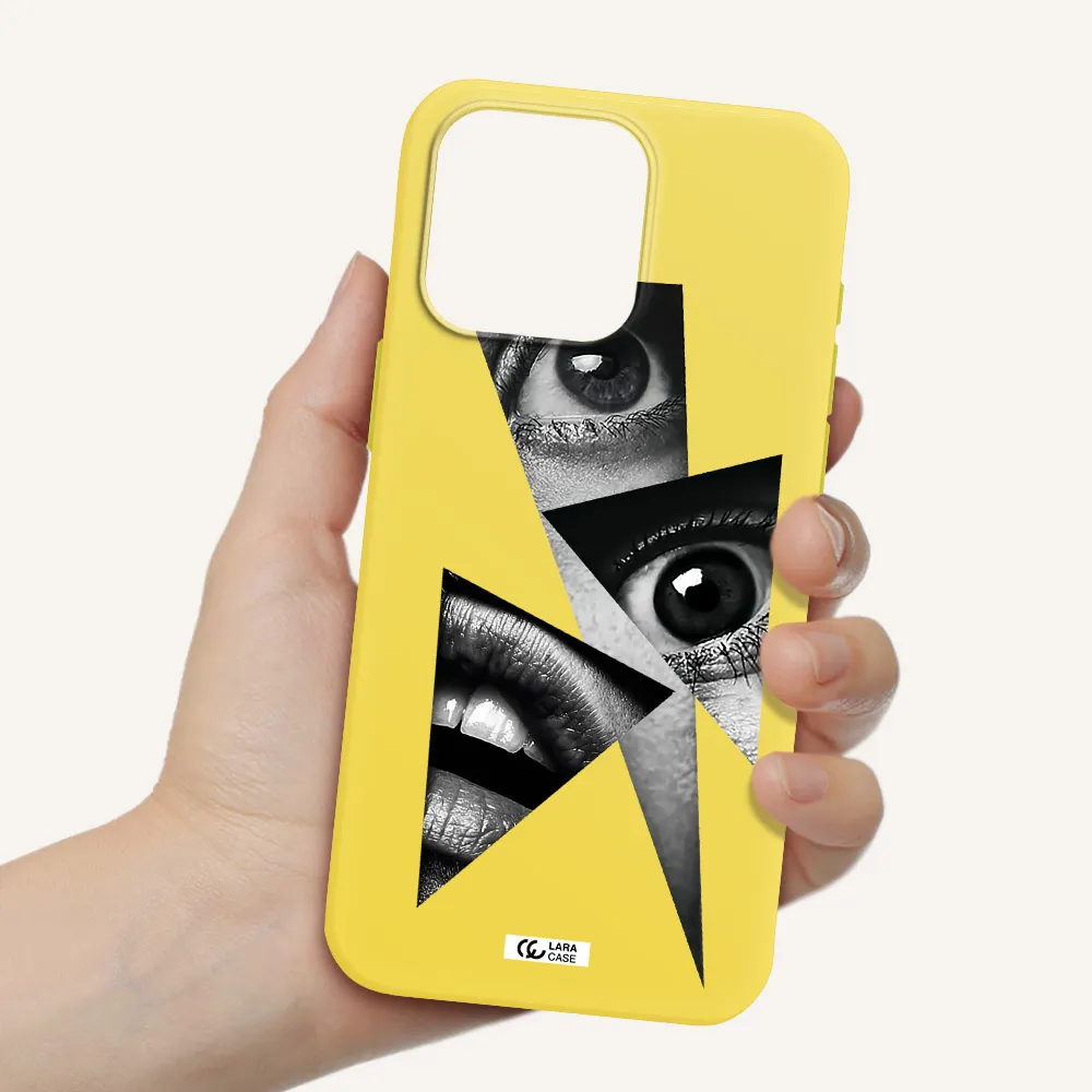 a close-up of a woman's eyes and lips Apple Iphone 15 Pro max Silicone canary yellow Case