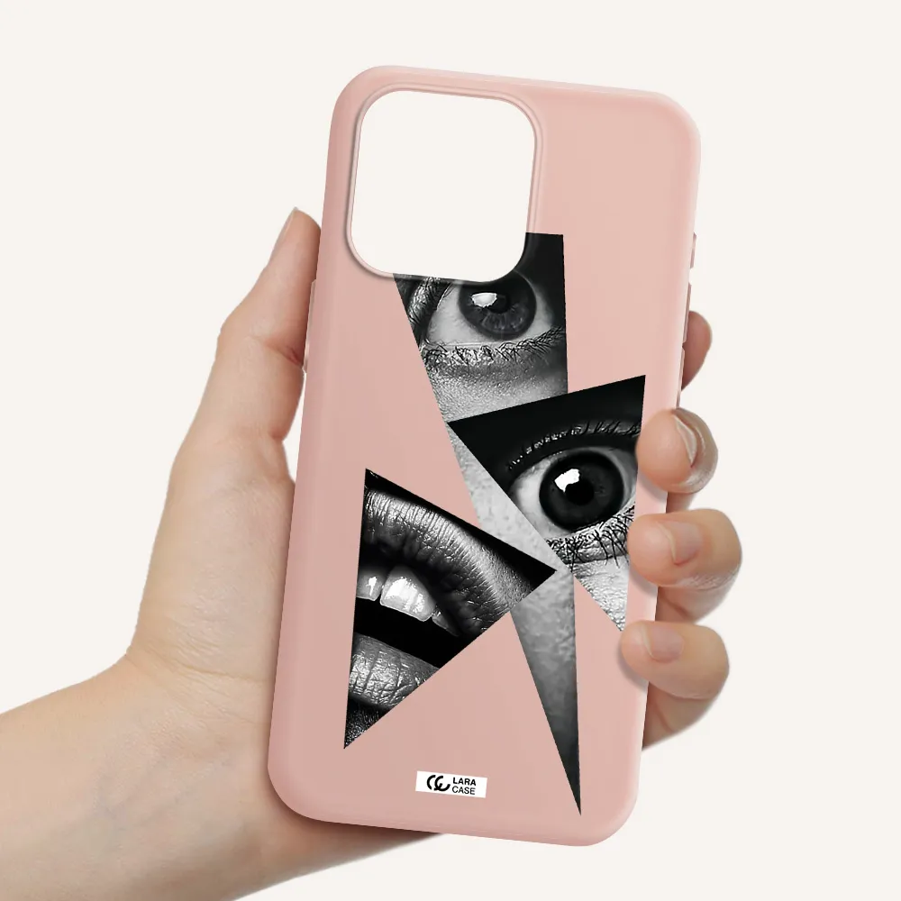 a close-up of a woman's eyes and lips Apple Iphone 15 Pro max Silicone pastel pink Case