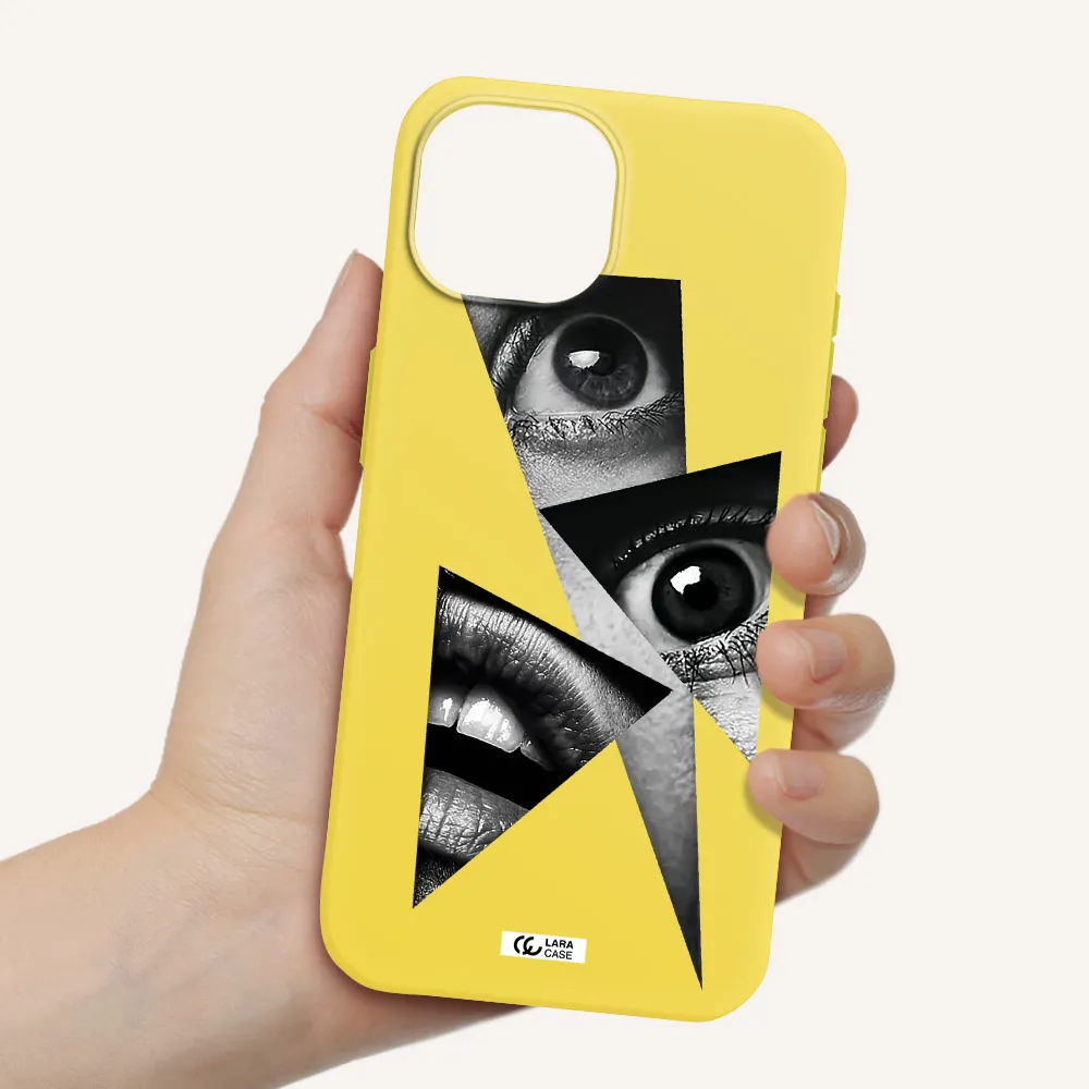 a close-up of a woman's eyes and lips Apple iPhone 15 Silicone canary yellow Case