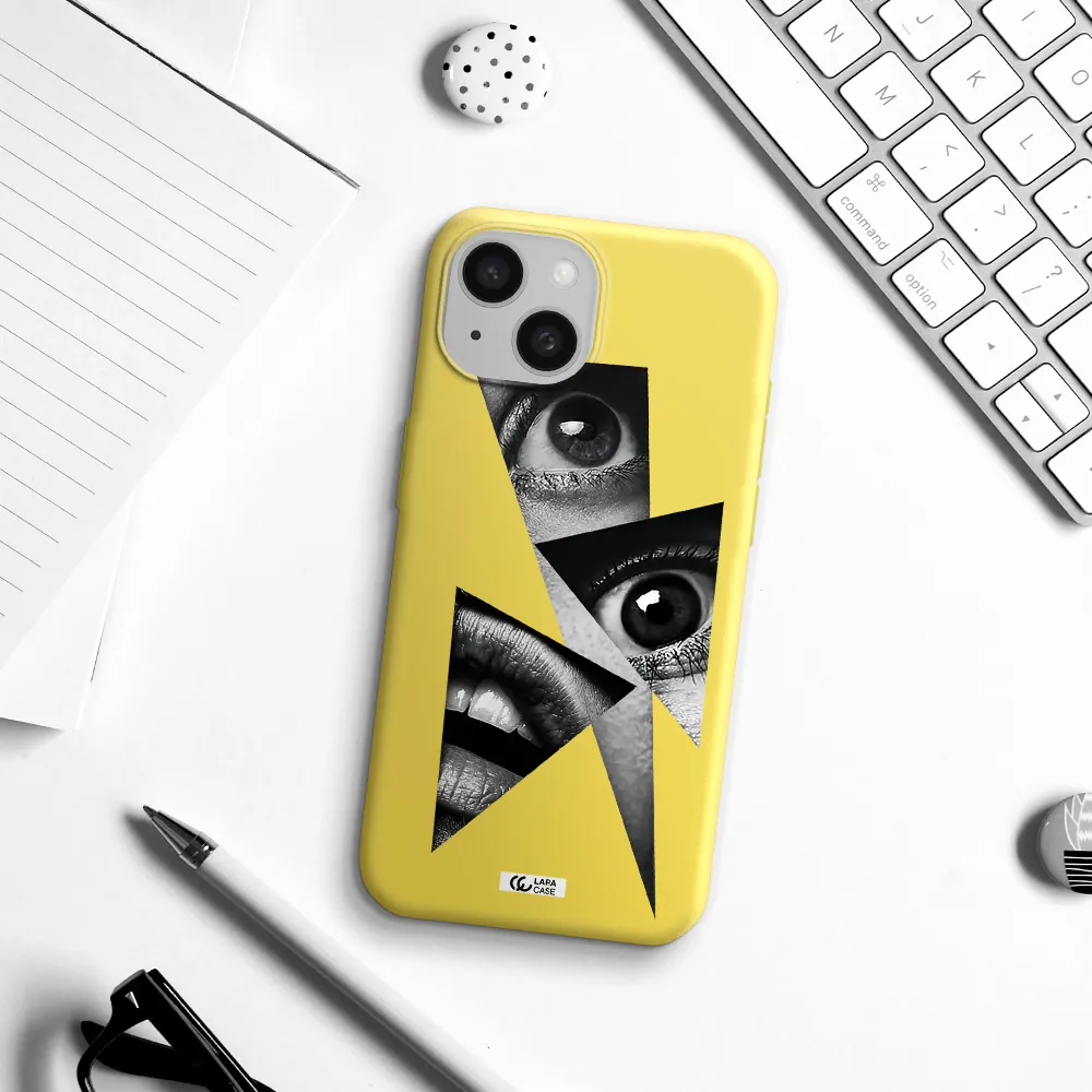 a close-up of a woman's eyes and lips Apple iPhone 15 Silicone canary yellow Case