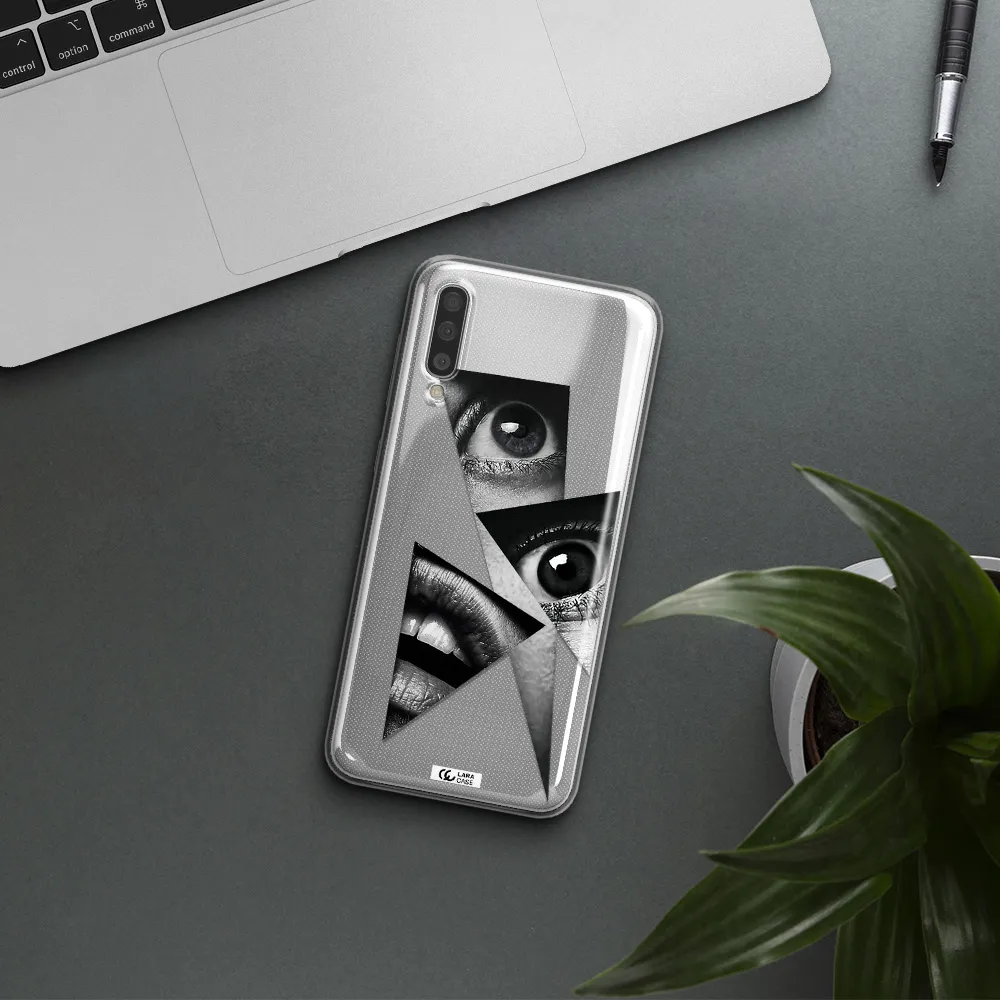 a close-up of a woman's eyes and lips Samsung A50 Clear TPU Case