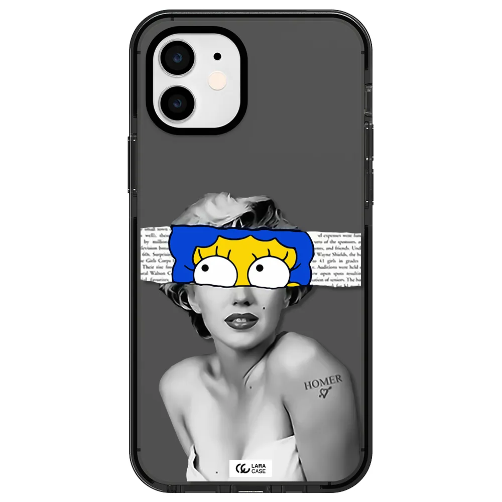a woman with a cartoon on her head Apple iPhone 11 impact Smoke Black Case