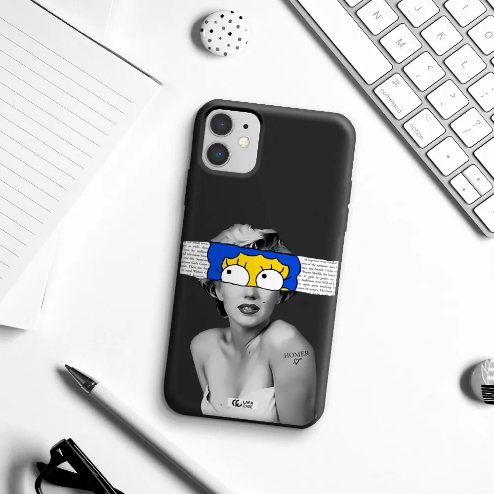 a woman with a cartoon on her head Apple iPhone 11 Silicone black Case