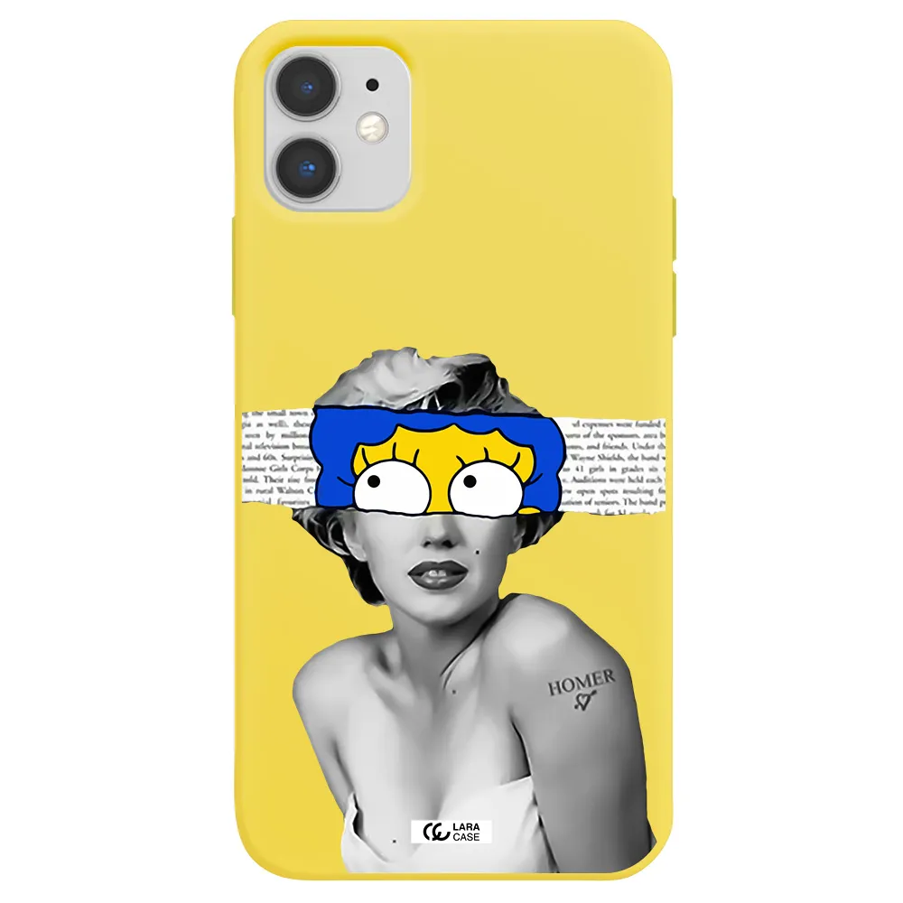 a woman with a cartoon on her head Apple iPhone 11 Silicone canary yellow Case