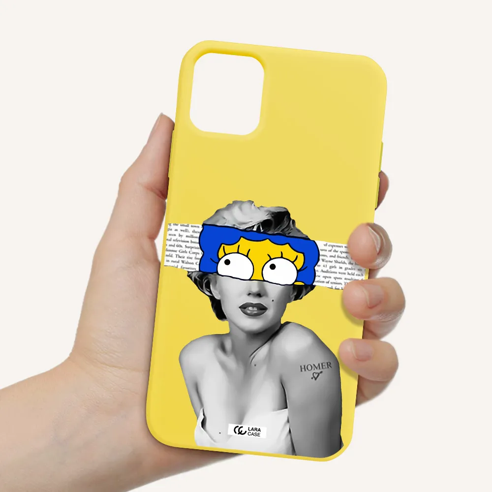 a woman with a cartoon on her head Apple iPhone 11 Silicone canary yellow Case