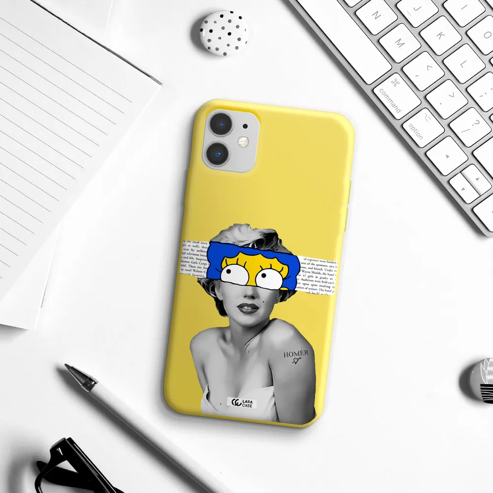 a woman with a cartoon on her head Apple iPhone 11 Silicone canary yellow Case