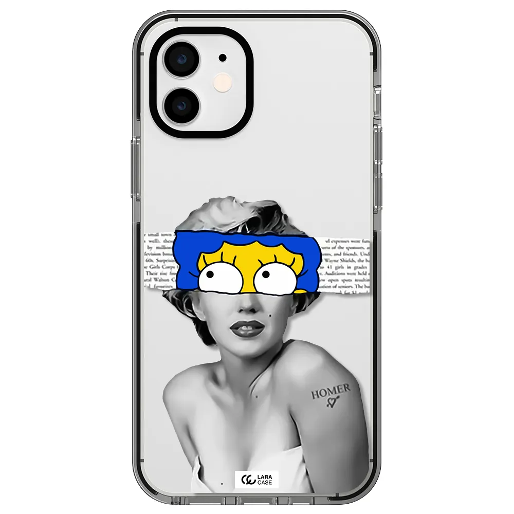 a woman with a cartoon on her head Apple iPhone 12 impact black border Case