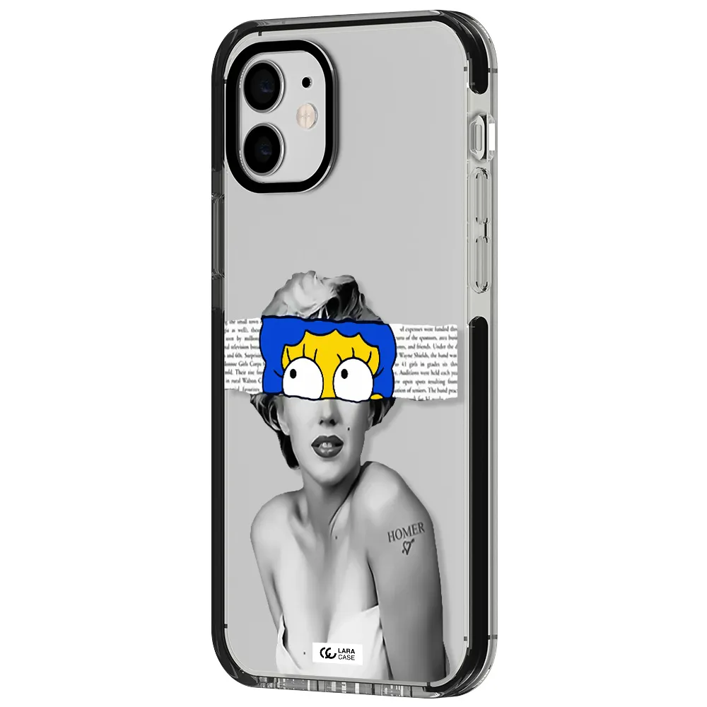 a woman with a cartoon on her head Apple iPhone 12 impact black border Case