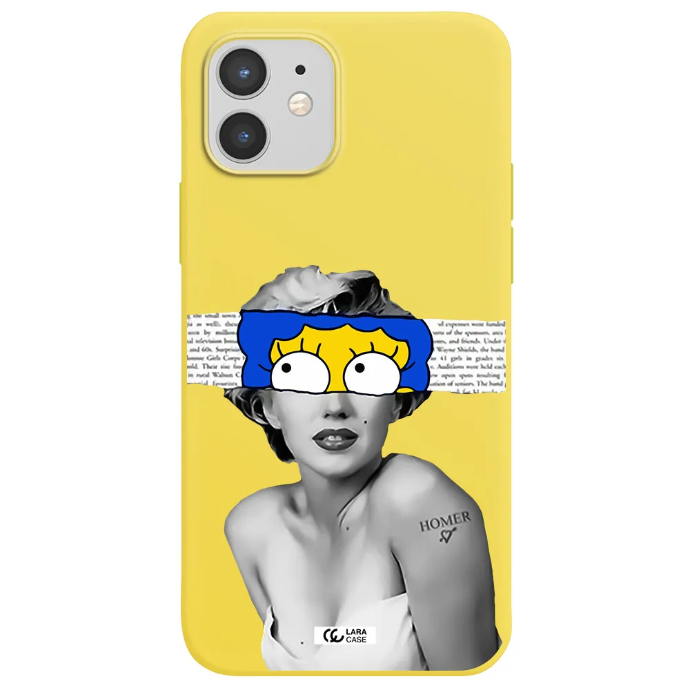 a woman with a cartoon on her head Apple iPhone 12 mini Silicone canary yellow Case