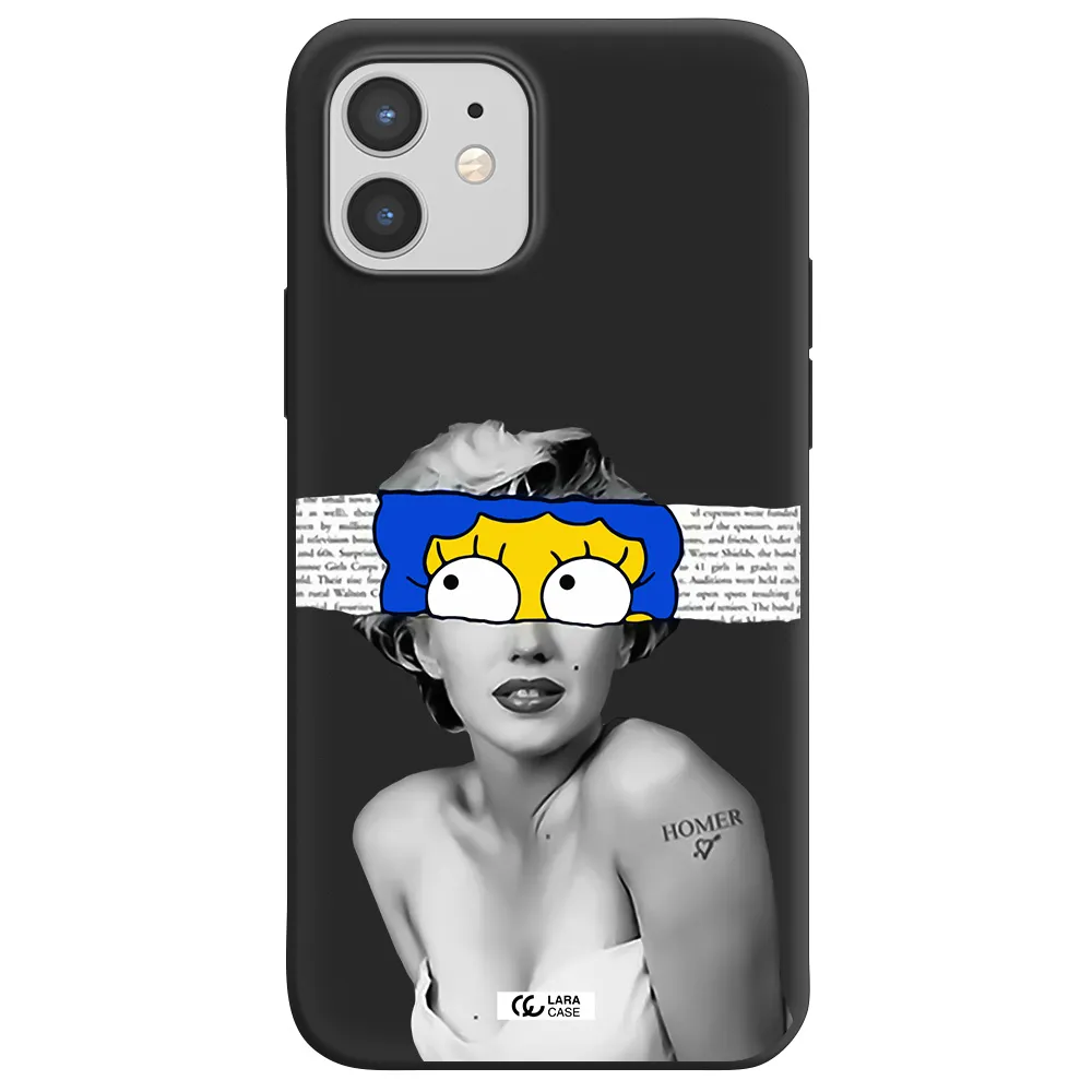a woman with a cartoon on her head Apple iPhone 12 Silicone black Case
