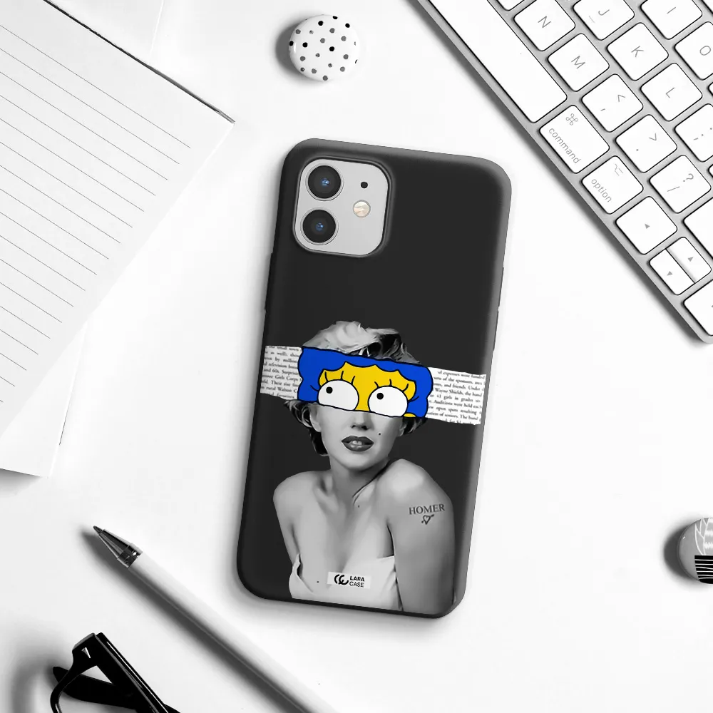 a woman with a cartoon on her head Apple iPhone 12 Silicone black Case