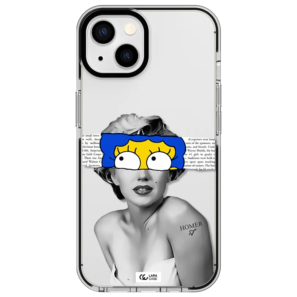 a woman with a cartoon on her head Apple iPhone 13 impact black border Case